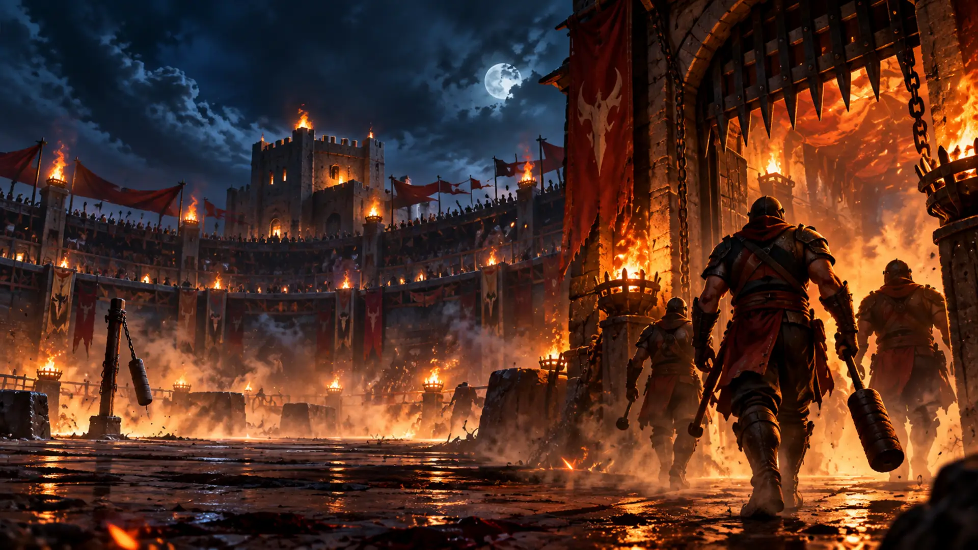 Ilustración: un jugador cruza la puerta en llamas de la arena de noche